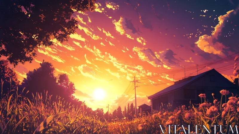 Sunset-soaked suburb glows beneath a blazing watercolor sky.