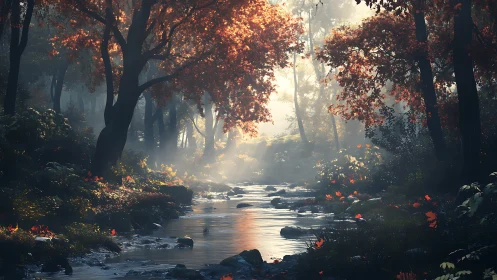 Autumn Forest Stream Bathed in Golden Hour Radiance.