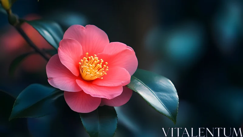Coral Pink Camellia Bloom with Golden Stamens