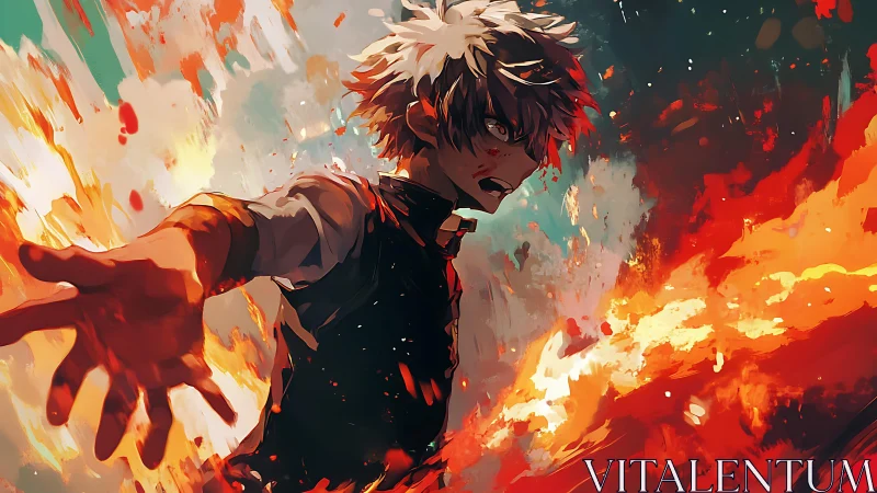 Fiery anime hero reaching through swirling light and chaos.