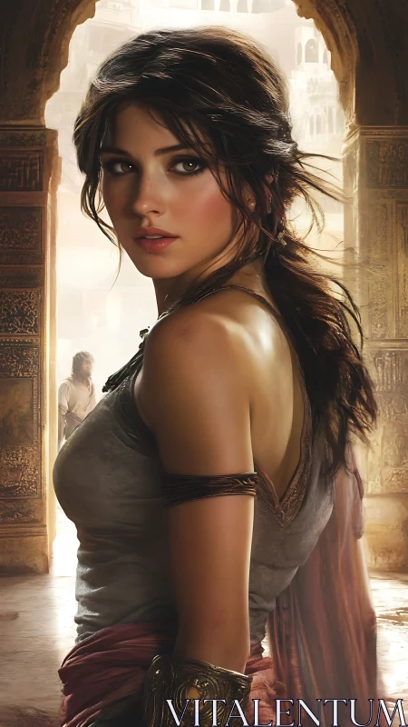 Mysterious desert heroine pausing beneath sunlit archways.