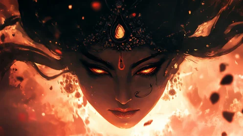 Fiery female face with glowing eyes dominates burning scene