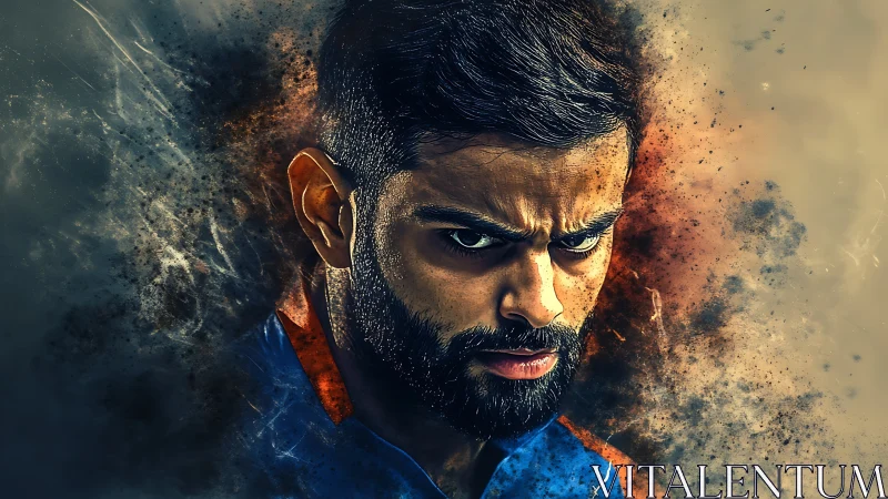 Intense bearded athlete portrait dissolves into dynamic dust