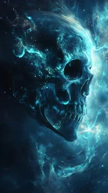 Spectral cyan skull drifts through deep cosmic void.