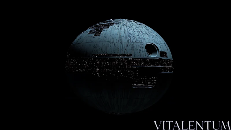 Spherical sci fi battle station in deep black space.