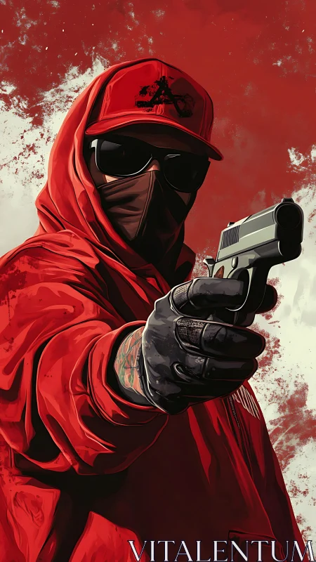 Masked figure in red hoodie pointing handgun forward.