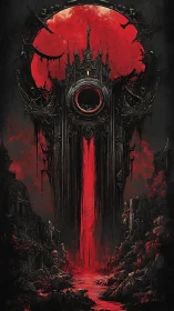 Gothic monolith channeling vertical bloodfall before eclipsed red moon
