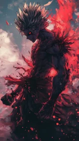 Demonic anime warrior disintegrates into red infernal energy