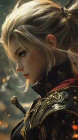 Scarred warrior studies the embers drifting through twilight air