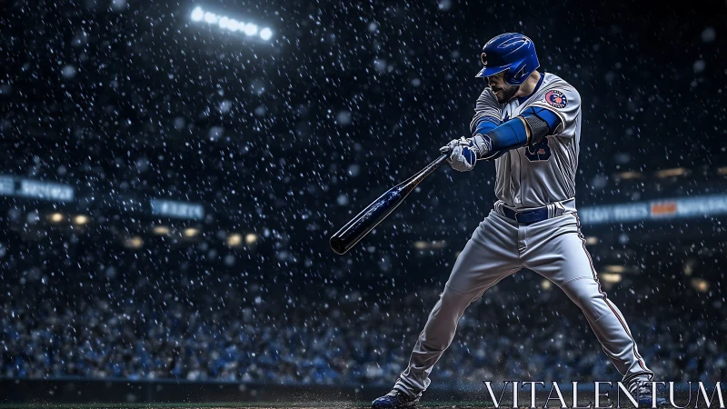 Baseball batter in night stadium under artificial snowfall.