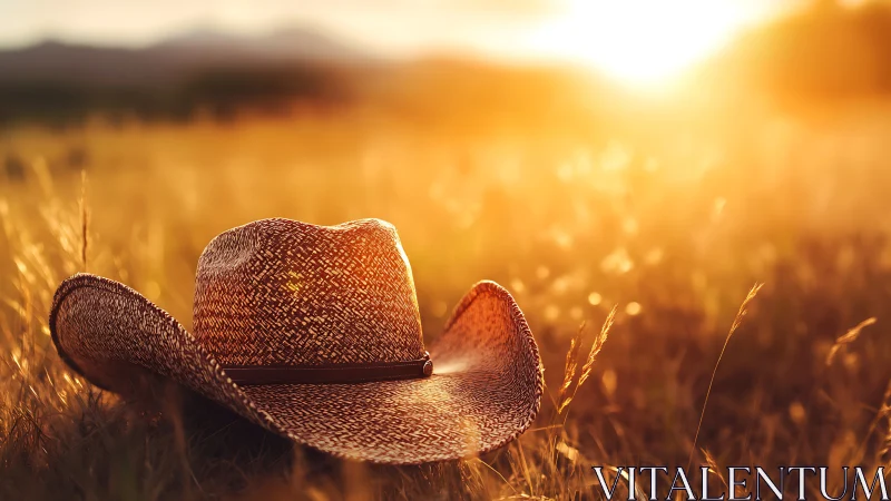 Sunset cowboy hat resting softly in golden summer field.