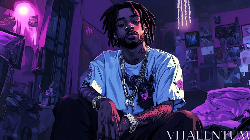 Midnight neon wraps a brooding rapper in violet solitude