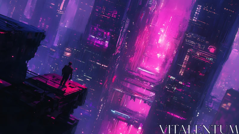 Lone figure overlooks neon cybercity under magenta haze.