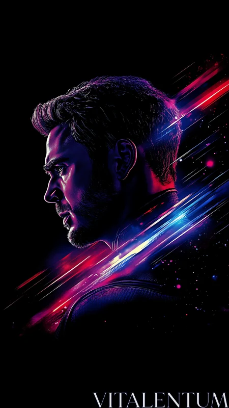 Profile portrait of male figure with neon light streaks