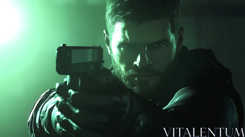 Steely agent aiming pistol under harsh neon green light.