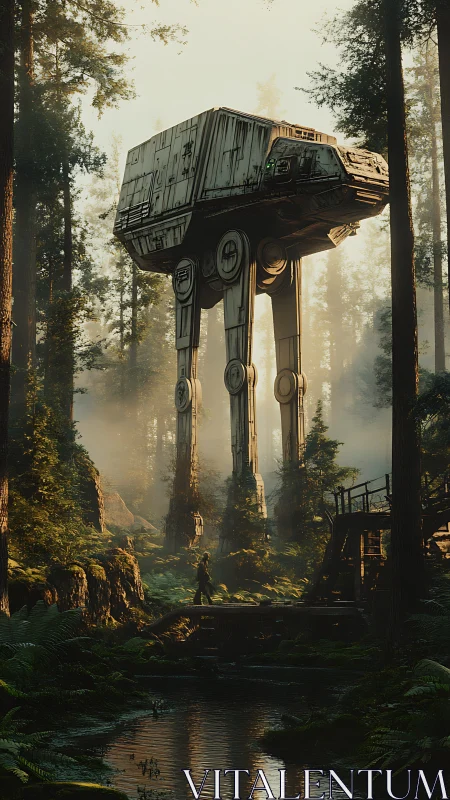 Photorealistic forest mech walk through misted conifer valley.