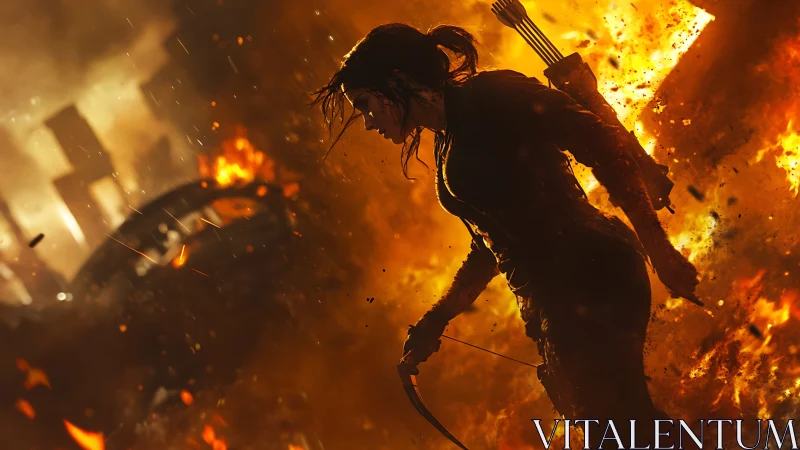 Flame-lit archer strides through a collapsing inferno cityscape