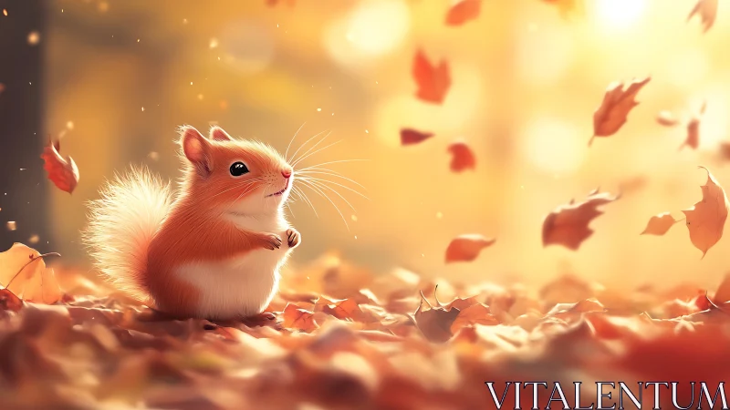 Autumn forest micro-scene with fluffy juvenile squirrel study.