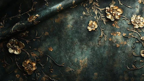 Metallic floral relief on textured dark teal surface.