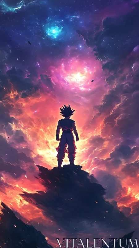 Silhouetted warrior studies swirling cosmic storm sky