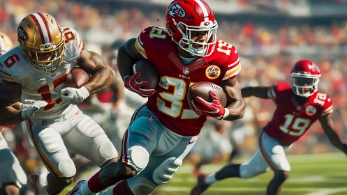 Running back bursts through defense in intense football showdown.