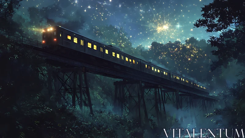 Starlit forest train gliding softly through the night sky.