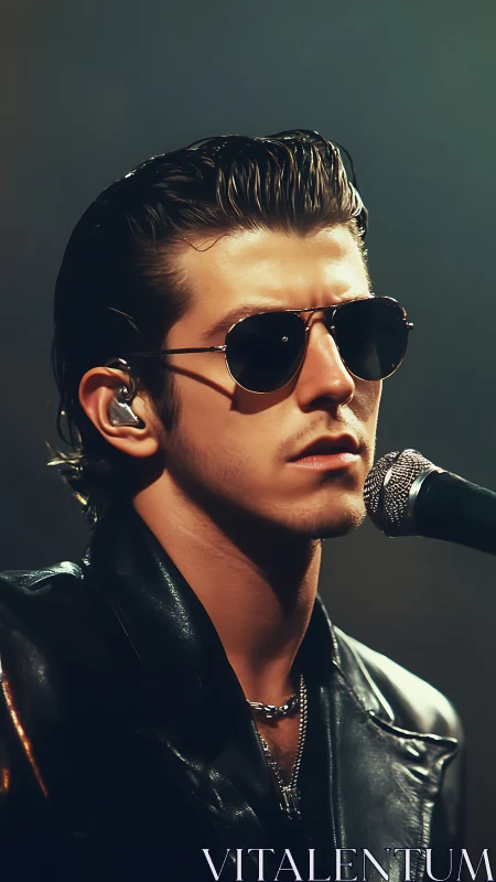 Male vocalist in sunglasses at microphone on dim stage.