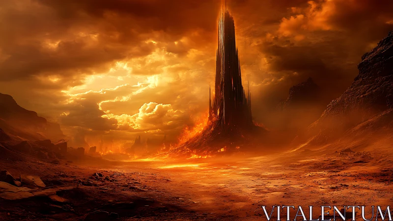 Fiery tower rising over a glowing volcanic wasteland.