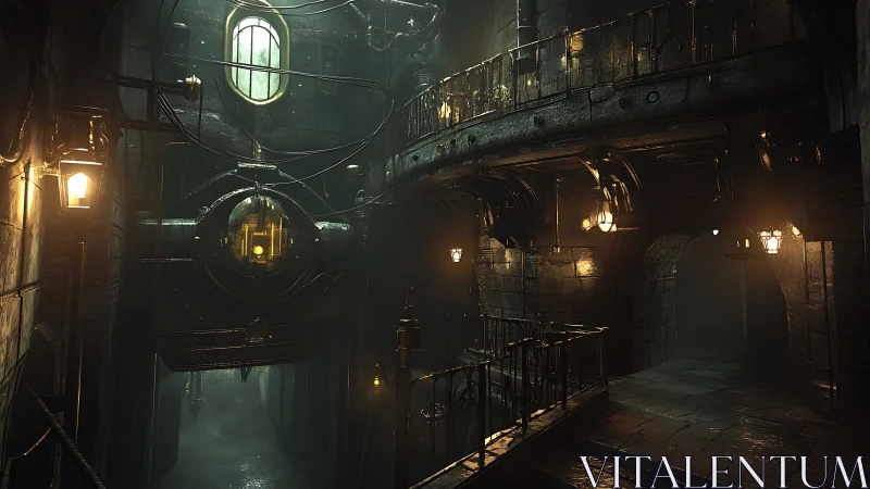 Steampunk Industrial Corridor with Luminescent Fixtures and Weathered Metal Architecture.