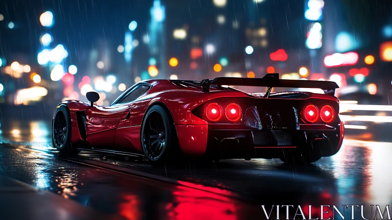 Red supercar on wet neon city street at night in rain.