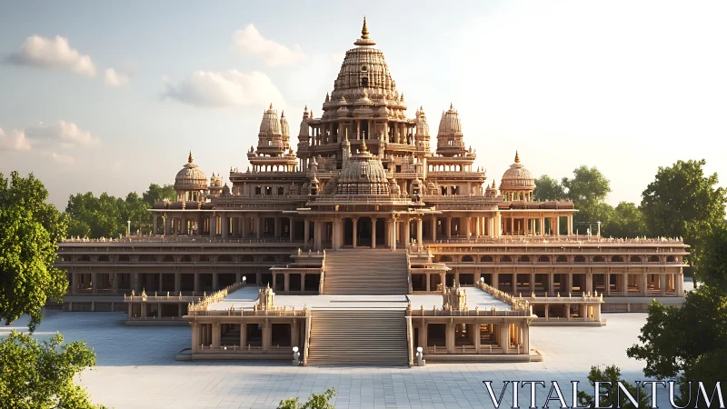 Multi-tiered stone temple complex occupies symmetrical courtyard