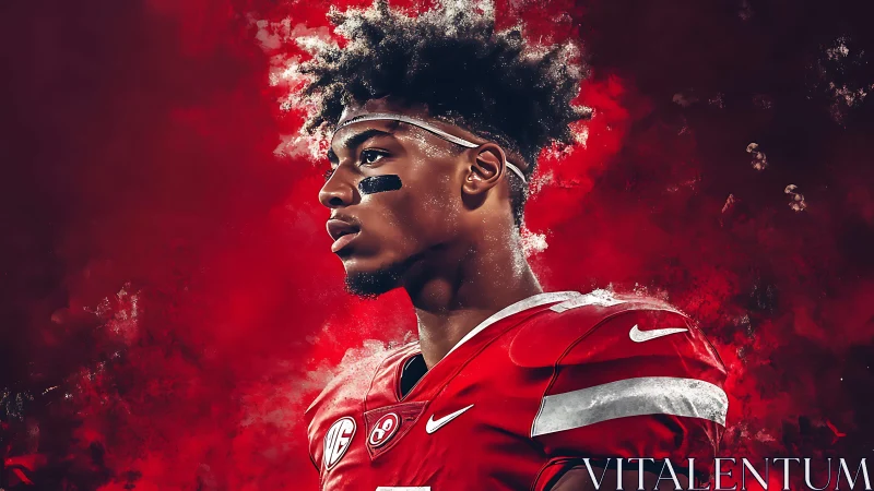 Focused football player set against dramatic red energy storm.