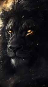 Black lion portrait with glowing eyes in dark environment.
