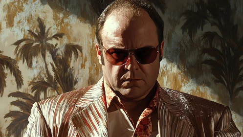 Middle-aged man in patterned suit stands against palm backdrop