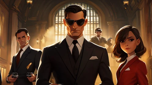 Stylized agents in suits standing in grand hall interior.