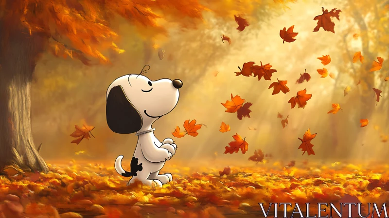 Cartoon dog enjoys autumn forest with falling orange leaves