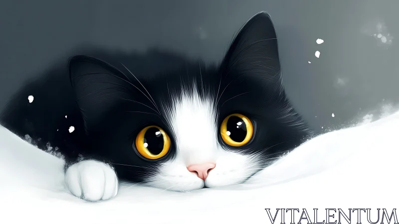 Black and white cat with golden eyes in snow.