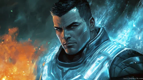 Cinematic sci fi soldier between fire and ice light clash.