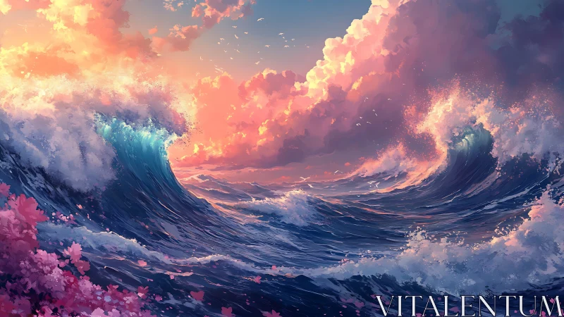 Sunlit ocean waves under dense pink and orange clouds.