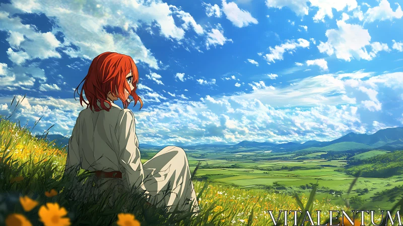 Red-haired figure surveys sunlit valley under expansive sky