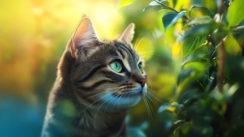 Striped Tabby Cat with Amber-Teal Eyes Among Verdant Foliage