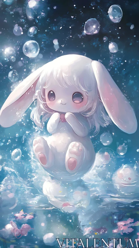 Dreamy bunny floating in sparkly blue bubbles of joy.