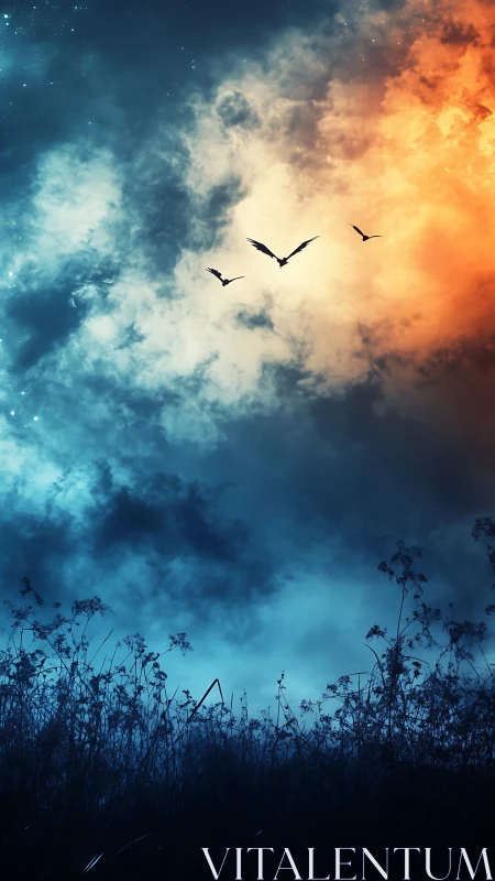 Digital painting of birds crossing a dual-toned twilight sky.