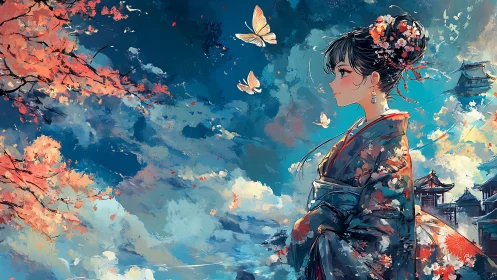 Gentle kimono dream welcomes butterflies in a painted sky
