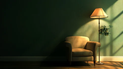 Armchair and floor lamp in chiaroscuro interior lighting study