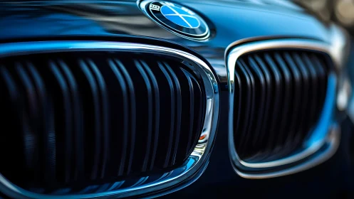 Close-up of BMW Front Grille with Chrome Detailing, Modern Style.