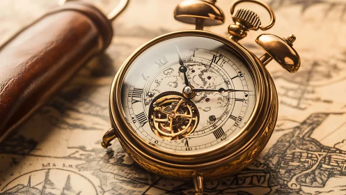 Ornate brass alarm clock rests on antique world map.