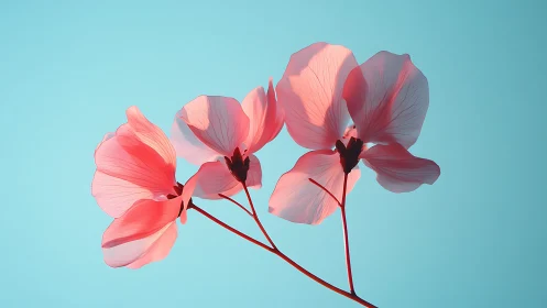Three-dimensional sweet pea blossoms rendered with translucent petal geometry against cyan backgroun