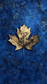 Gilded maple leaf emblem on scratched cobalt stone field.