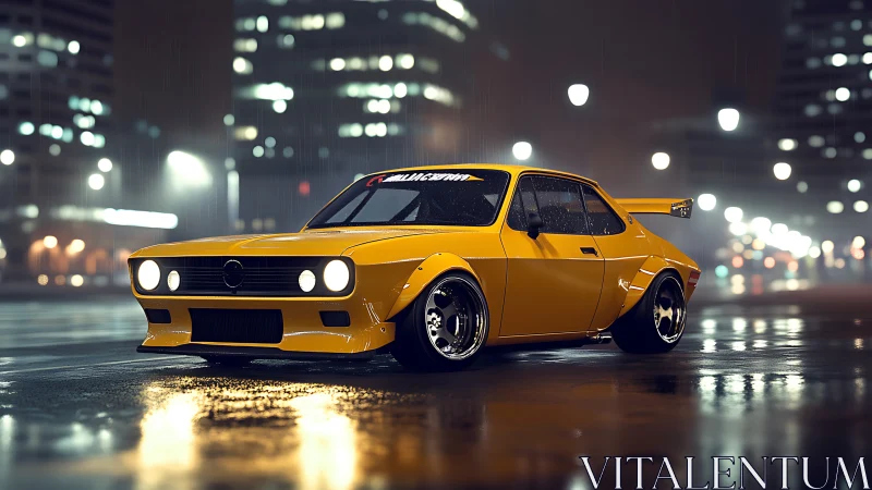 Widebody yellow drift car rendered in wet night city scene
